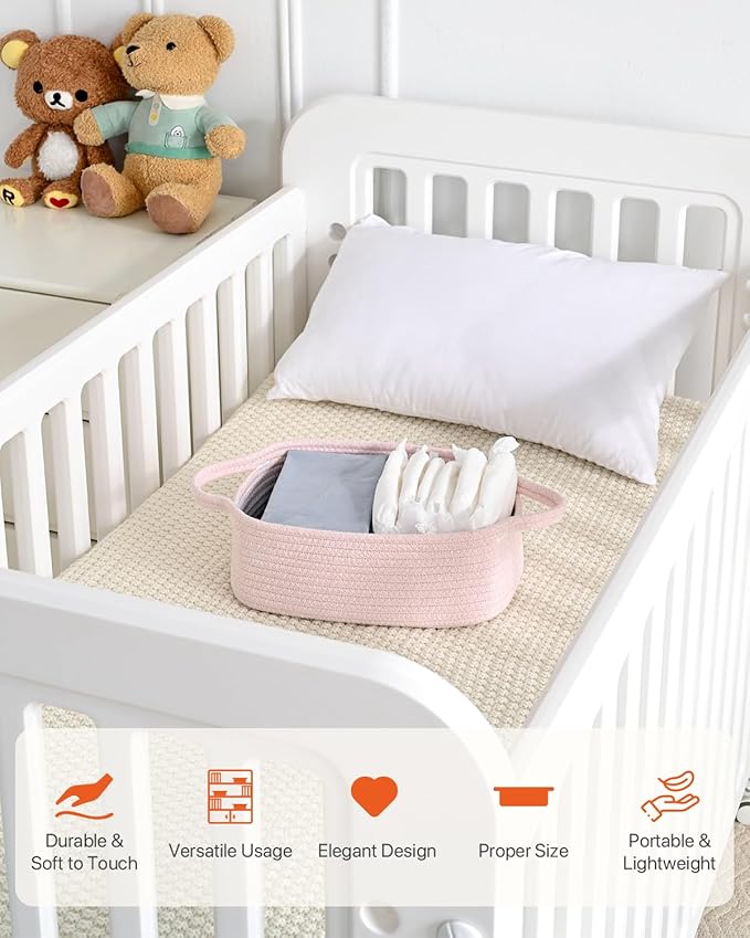 KALLAX Small Woven Basket, 12 x 8 x 4.5 Inches, Small Storage Baskets for Organizing, Gift Baskets Empty, Cute Rope Shelf Closet Storage Bins for Shelves, Dog Toy Basket, 3 Packs, Light Pink
