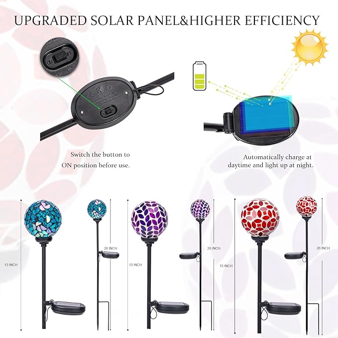 VCUTEKA Solar Garden Decorative Lights Outdoor, Mosaic Solar Light Waterproof LED Pathway Stake Light for Landscape Patio Yard Deck Walkway Decoration, 3 Pack (Blue&Purple&Red)