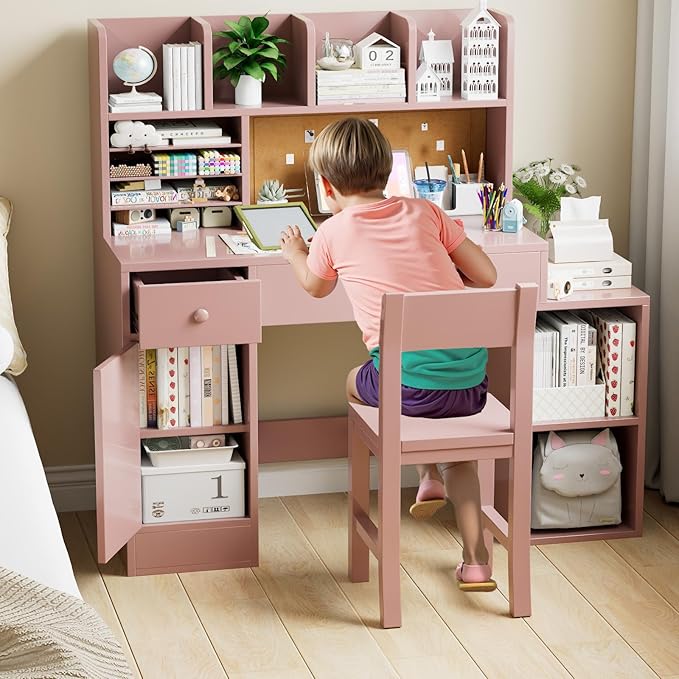 Pink Wooden Kids Desk and Chair Set,Kids Study Table and Chair Set with 4 Storage Open Shelves,Kids Study Desk with 2 Drawers & 4 Cabinet,Girls Study Desks for Kid with Hutch for Bedroom-Jcp9pn