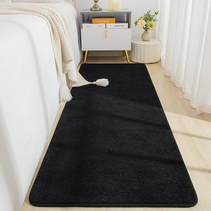 Soft 2x8 Runner Rugs for Bedroom Hallway, Non Slip Long Runners for Kitchen Laundry Dorm Washable, Modern Low Pile Area Rugs for Boys Men, Black