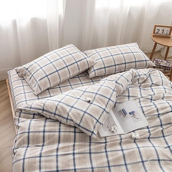 FACE TWO FACE Bedding Duvet Cover Set 3 Pieces 100% Washed Cotton Duvet Cover Linen Like Textured Breathable Durable Soft Comfy (California King,Blue Grid)