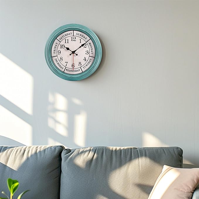 zyzamay 12 Inch Retro Wall Clock,Classic Day of The Week Wall Clock,Easy to Read,Non-Ticking Round Classic(Green)