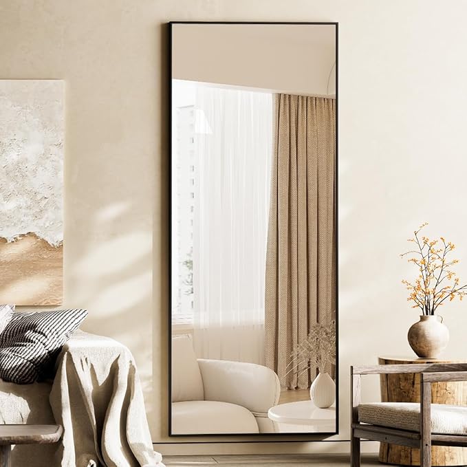 Koonmi Large Mirrors, 65"x24" Full Length Mirror with Stand, Full Body Mirror with Aluminum Alloy Frame, Hanging or Leaning Against Wall Floor Standing Mirrors for Bedroom Living Room, Black