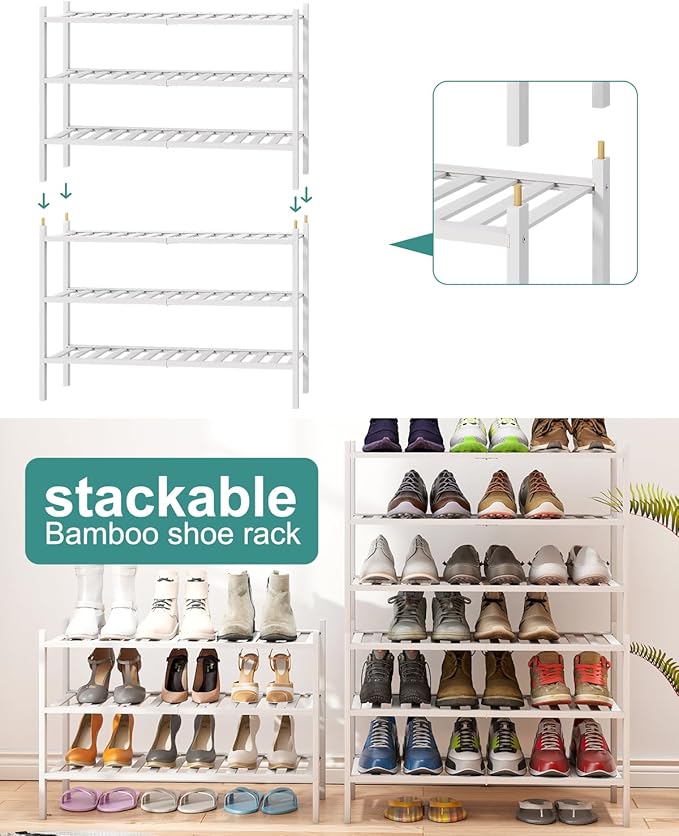 White Shoe Rack, 3-Tier Bamboo Wood Shoe Rack for Closet, Entryway & Hallway, and Stackable Shoe Shelf Storage Organizer for Indoor and Outdoor