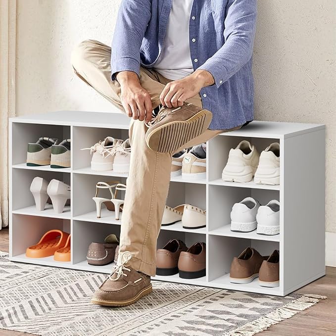 12-Cubby Shoe Rack, 3-Tier Wood Shoe Organizer, Multifunctional Shoe Organizer Bench for Entryway, Mudroom, Hallway, Closet,36.22 * 11.81 * 17.72 Inch,White