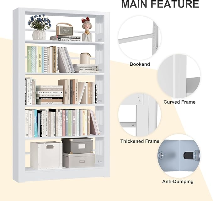 69" Bookshelf,5-Tier Bookshelf, Large Bookcases and Bookshelves,Taller and Wider Metal Storage Organizer, Sturdy Bookshelf for Living Room,Home Library (White)