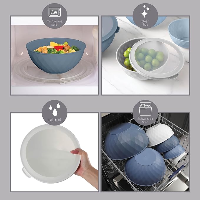 COOK WITH COLOR Mixing Bowls with Lids - 12 Piece Plastic Nesting Bowls Set includes 6 Prep Bowls and 6 Lids, Diamond Design - Microwave Safe (Mint)