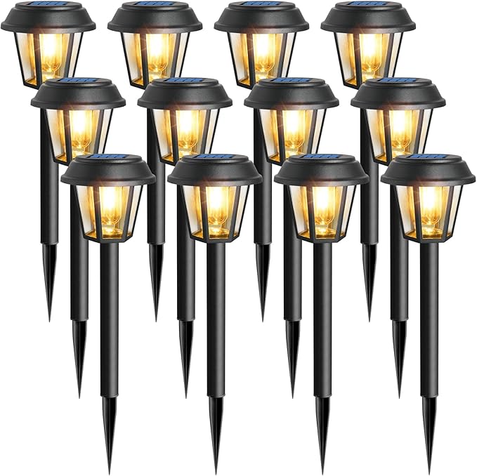 Solar Pathway Lights Outdoor 12 Pack Solar Lights Outdoor Waterproof 3000K Warm White Tungsten Filament Bulb for Yard Garden Landscape Path Driveway Lawn