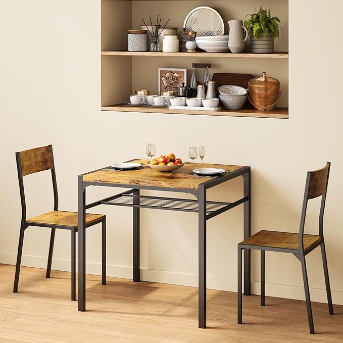 Gizoon Dining Table Set for 2, 3 Piece Kitchen Table with 2 Chairs for Small Space, Apartment, Kitchen, Dining Room, Space-Saving