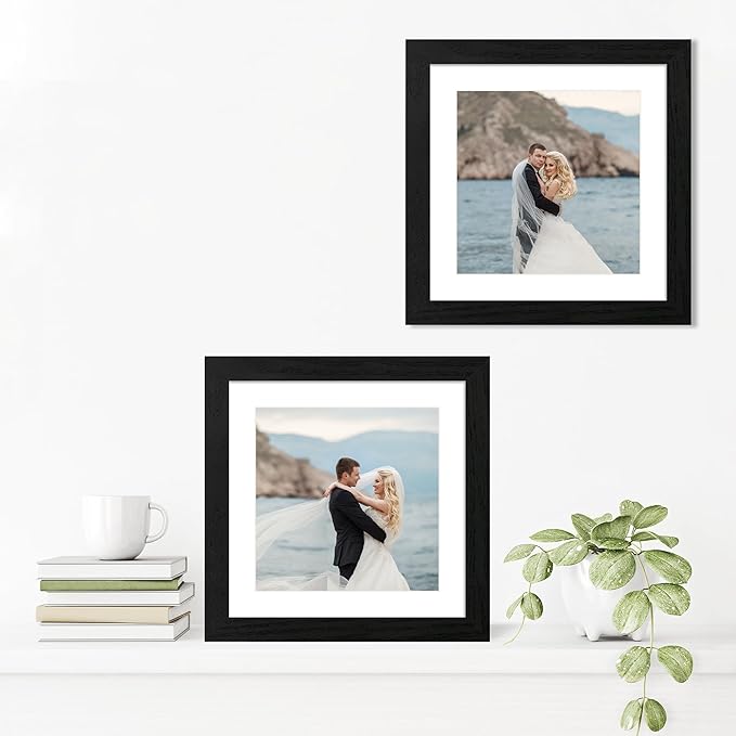 10x10 Picture Frame Set of 4 with HD Glass, Black Frames Display 8x8 Picture with Mat or 10 x 10 Without Mat, Photo Frames for Tabletop Display and Wall Mounting