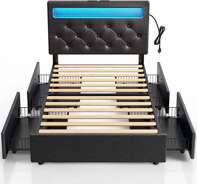 Rolanstar Twin Size Bed Frame with Charging Station and LED Lights, Upholstered PU Leather Bed with Adjustable Headboard and 4 Storage Drawers, No Box Spring Needed, Easy Assembly, Black