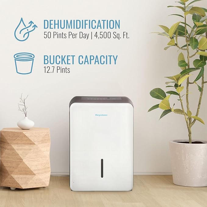 Keystone Energy Star 50-Pint Portable Dehumidifier, 115V, Extra Large Rooms up to 4,500 Sq.Ft. with Built-in Pump, Quiet Home Dehumidifier and Moisture Absorber
