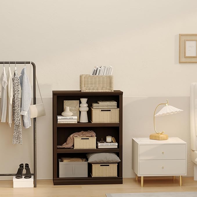 blini 3-Shelf Bookcase Wooden Bookshelves Dark Cherry 33in Wide Floor Standing Display Storage Shelves Tall Bookcase for Home Office, Living Room, Bed Room