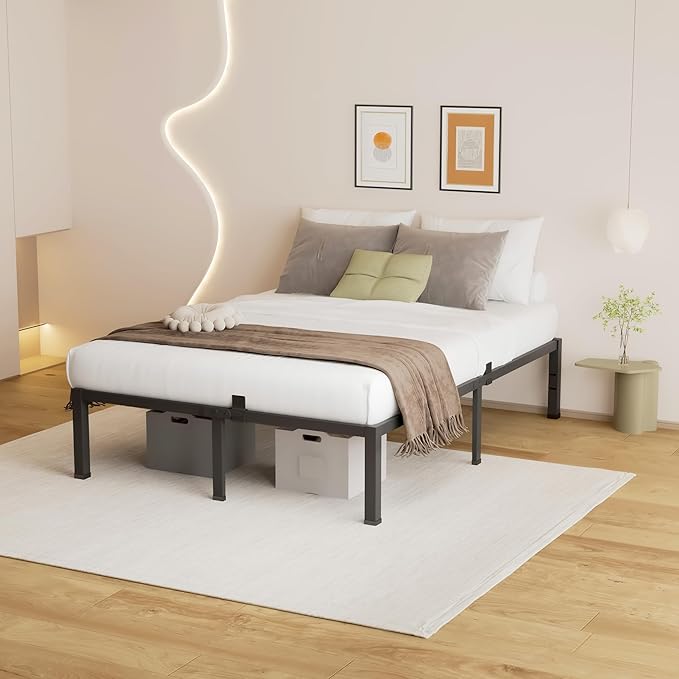 MAF Full Size Bed Frame 14 Inch Heavy Duty Metal Platform BedFrame with Black Steel Slat Support Noise Free Full-Bed-Frame, No Box Spring Needed