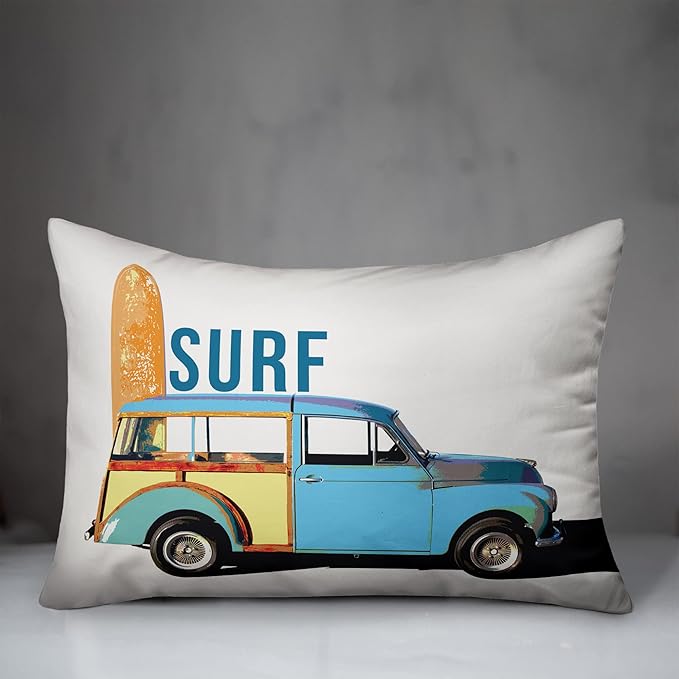 Vintage Surf Car Indoor/Outdoor Pillow | Decorative Pillows for Living Room Couch Bed Sofa Patio, Fluffy Soft Cushion | Water Resistant Blue, 14x20