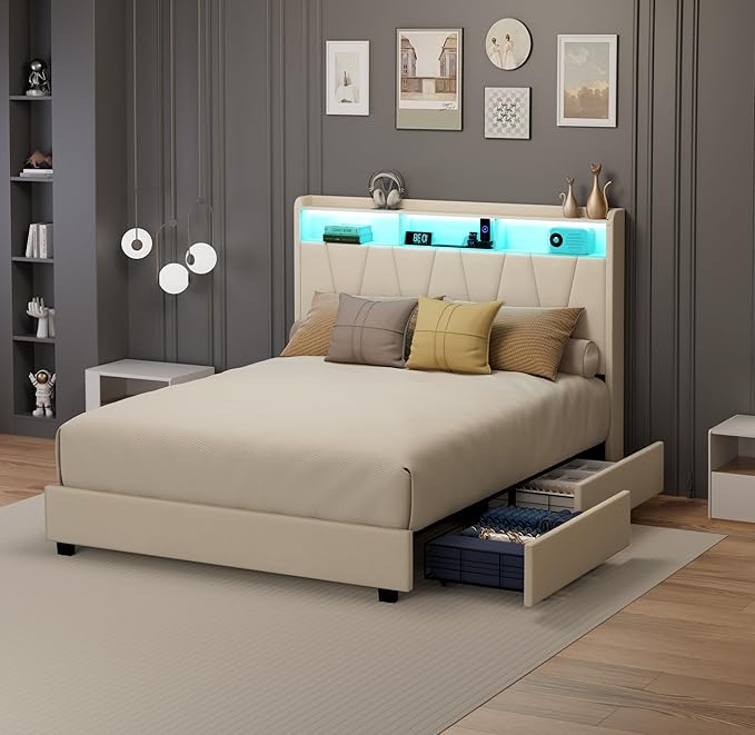 Queen Bed Frame, Velvet Upholstered LED Platform Bed with Headboard Storage, Queen Bed Built-in Charging Station with 4 Drawers, Wood Slat Support, No Box Spring Needed, Beige