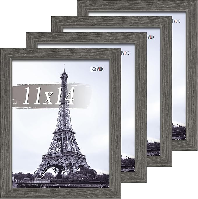 VCK 11x14 Picture Frame Set of 4 - Grey, Gallery-Quality Wood Poster Frames, 1.1-Inch Wide Border, Polished Plexiglass, Vertical or Horizontal Wall Display for Photo/Art/Prints, Grey