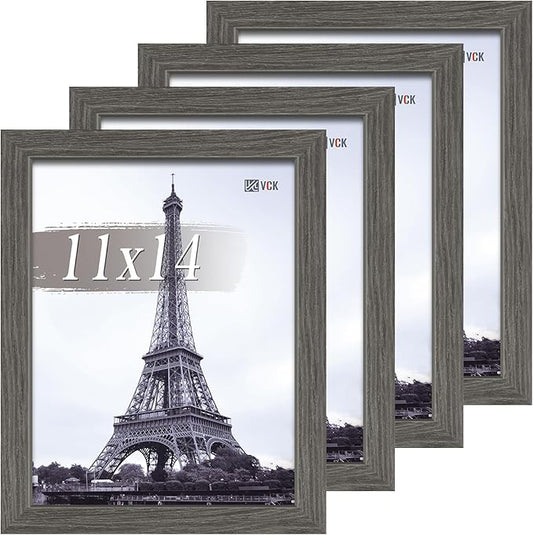 VCK 11x14 Picture Frame Set of 4 - Grey, Gallery-Quality Wood Poster Frames, 1.1-Inch Wide Border, Polished Plexiglass, Vertical or Horizontal Wall Display for Photo/Art/Prints, Grey