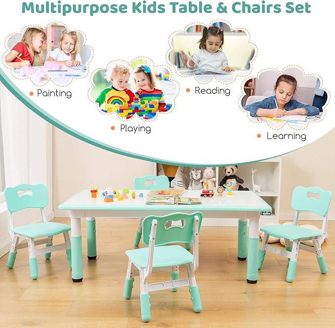 Costzon Kids Table and 4 Chair Set, Height Adjustable Toddler Desk and Chairs with Graffiti Desktop, Non-Slip Legs, Children Art Study Multi-Activity Table Set for Home, Daycare, School (Green)