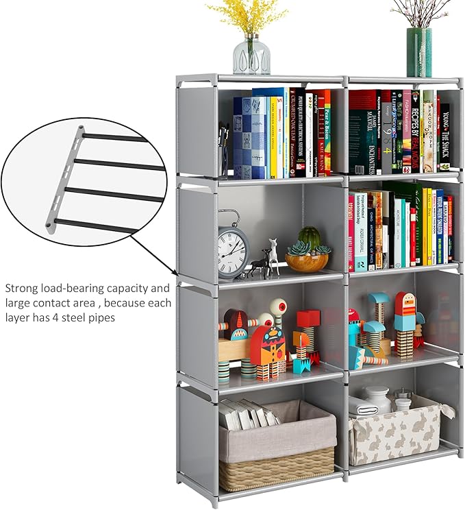 JIUYOTREE 5-Tiers Closet Storage Organizer with Fabric Cloth at Back,Double Row Modular Cubes Bookshelf,Living Room,Study Room,Bedroom,Grey