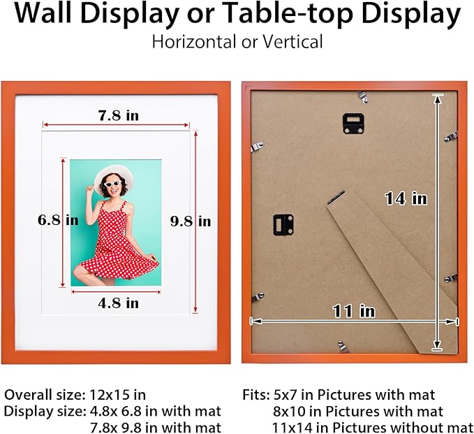 KINLINK 11x14 Picture Frame Orange, Solid Wood Frames with Acrylic Plexiglass for Pictures 5x7/8x10 with Mat or 11x14 without Mat, Tabletop and Wall Mounting Display, Set of 4