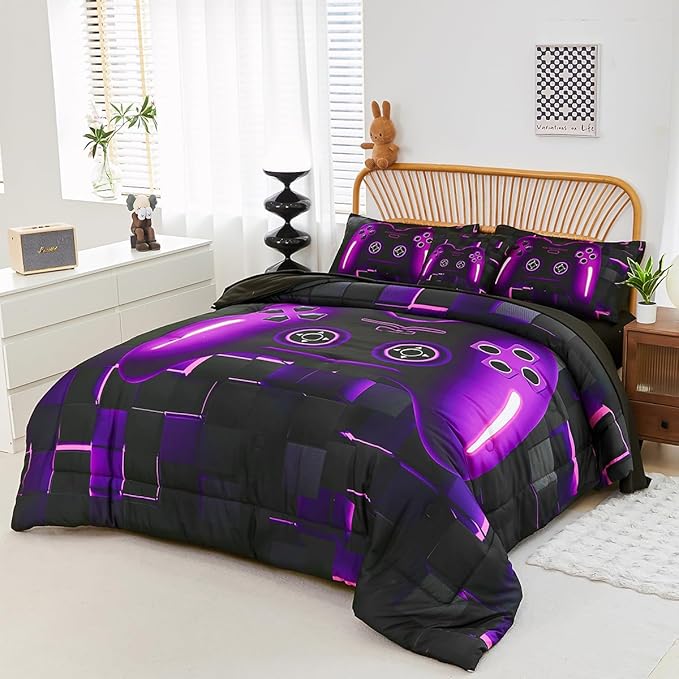 PERFEMET 6 Pieces Gamer Comforter Sets Twin Size Purple Game Console Boys Bed in A Bag 3D Cool Black Gaming Bedding Set for Kids Teen Lightweight Gamepad Bedroom Set(Purple, Twin)