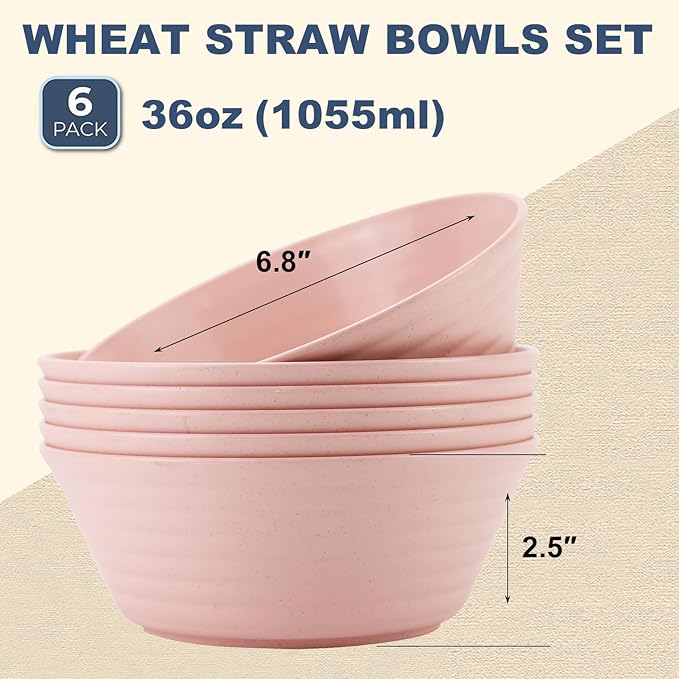 Wheat Straw Bowl Sets,6 PCS Unbreakable Cereal Bowl 36 OZ,Microwave and Dishwasher Safe Bowls,Kitchen Bowls BPA Free for Serving Soup,Oatmeal and Salad (Sakura)