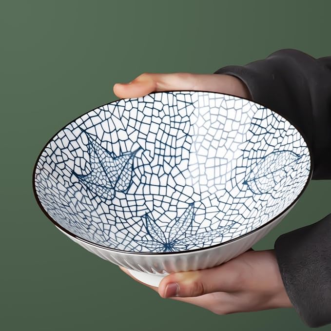 38 oz Japanese Ramen Bowl Set of 6 - Large 8 Inch Ceramic Soup Bowls, Blue and White Japanese Noodle Bowls for Pho, Ramen, and Salad - Leaf Patterns