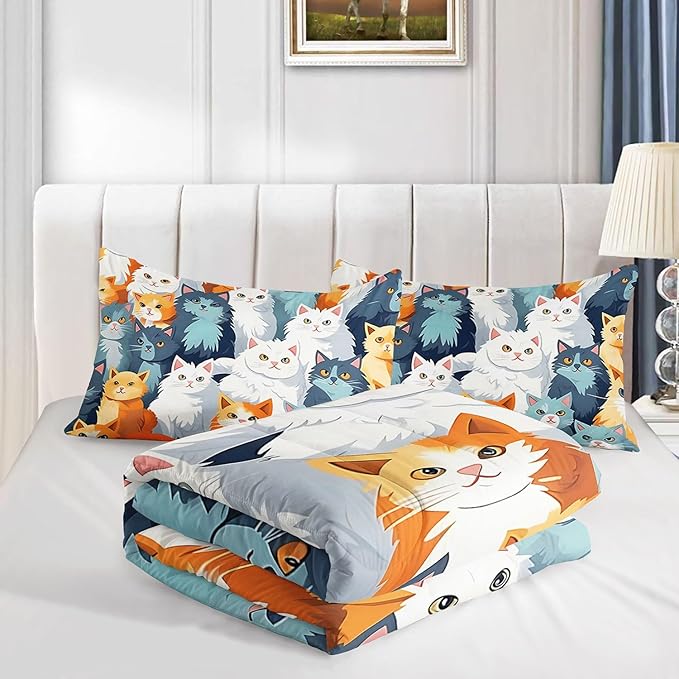 Kids Comforter Set Cute Cats Printed Pattern Bedding Set with 1 Comforter and 2 Pillowcases for Girls Boys Bedroom All Season(Cat Full)