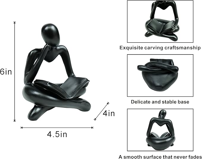 Thinker Statue Reading Women Figurine Abstract Art Sculpture Home Decor Modern Black Accents for Living Room Shelves Bookshelf Office Shelf Desktop Decoration