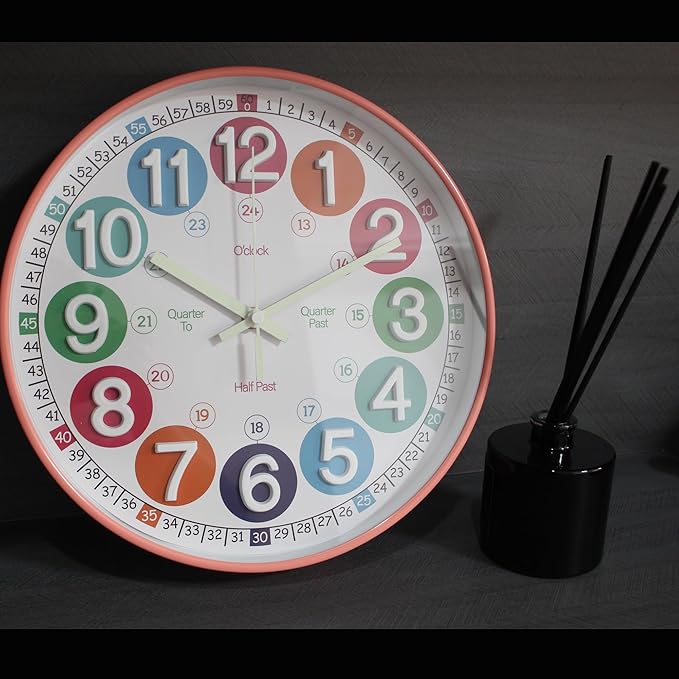 Wall Clocks,Learning Time Clock,12 Inch 3D Numbers Colorful Clock Face Silent Luminous Clocks,Clear Digital Wall Clock (3D Peach Pink Luminous)
