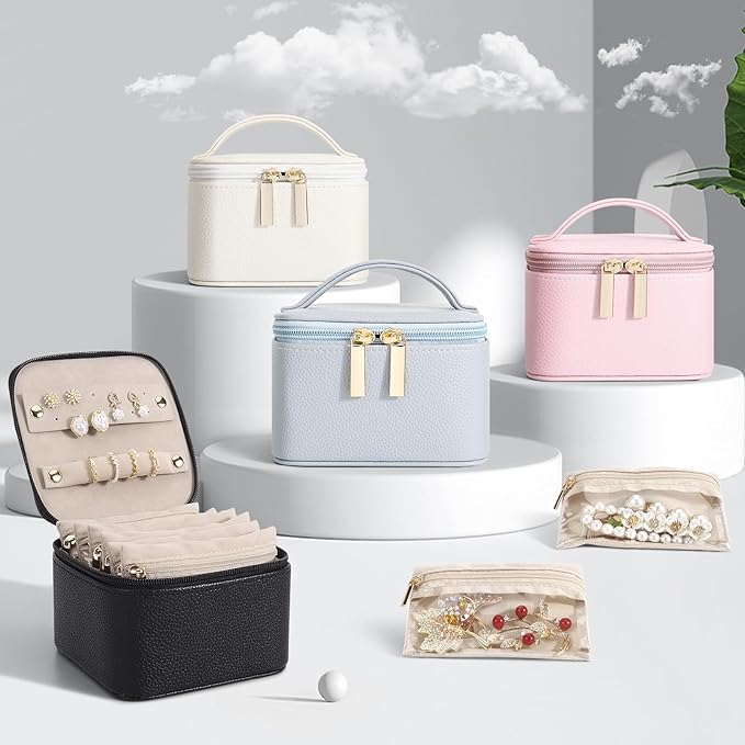 DesignSter Small Jewelry Box, Travel Small Jewelry Organizer with Earring Tray and Ring Holder,Square Travel Jewelry Storage Case with 6 Velvet Jewelry Pouches, Pink