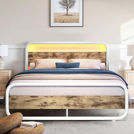 Catrimown Full Size Bed Frame, Metal Full Bed Frame with LED Headboard and Footboard, Heavy Duty Wooden Platform Bed Frame with Under Bed Storage, Noise Free, No Box Spring Needed, White