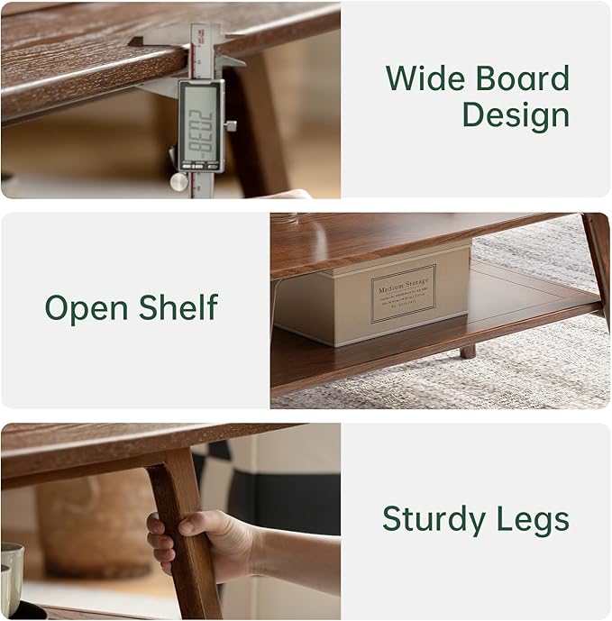 100% Solid Wood Coffee Table for Living Room, Mid Century Modern Small Tables with Shelf Storage, Storage Coffee Table with Rounded Corners (Oak Wood Walnut Color, 47.24" L)