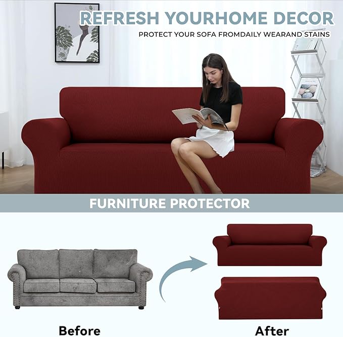 LURKA Stretch Sofa Slipcovers 1 Piece Couch Covers for 3 Cushion Couch Sofa Furniture Protector Full Sofa Covers with Elastic Bottom for Kids and Dog (Large, Dark Red)