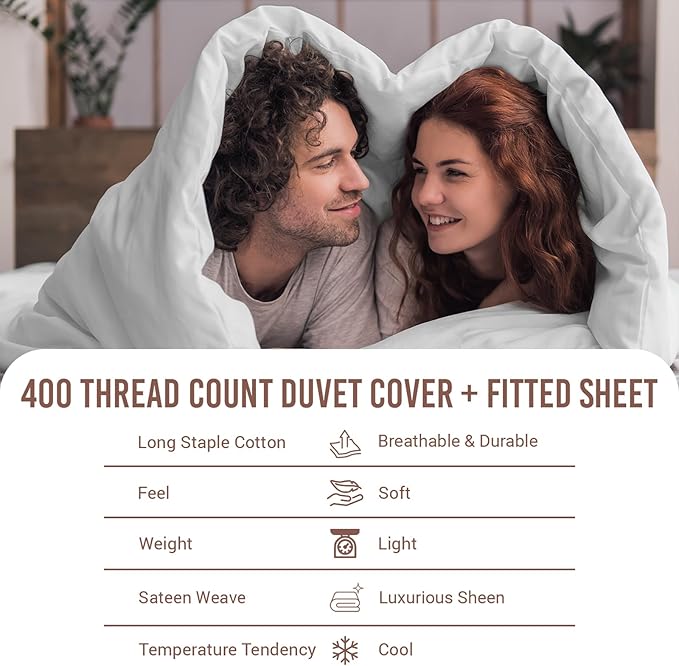 Pizuna 100% Cotton Queen 3 Pc Duvet Cover + 1 Pc Fitted Sheet Set 400 Thread Count White Sateen Weave Luxurious Long Staple Cotton 4 Piece Bedding Set - 1 Duvet Cover, 2 Pillow Shams, 1 Fitted Sheet