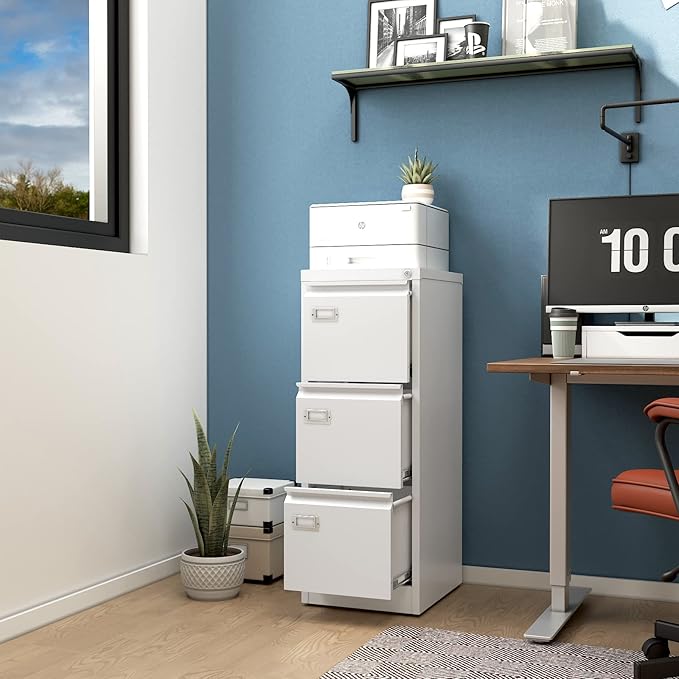 3-Drawer File Cabinet with Lock, 16.3" Deep Vertical Filing Cabinets, Metal File Cabinets for Home Office, Anti-Tip 3 Storage Drawers for Letter/Legal/A4/F4 Size (Assemble Required, White)