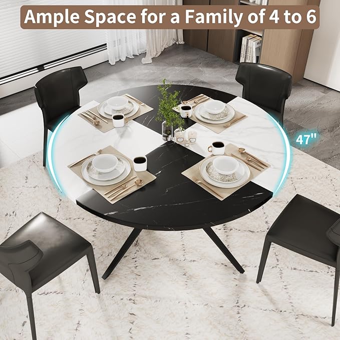 VOWNER Modern Round Dining Table for 4-6 People, 47 Inches Wood Kitchen Table, Dining Room Table with Metal Legs, Circle Coffee Dining Room for Living Room, Home, Apartment, Black and White