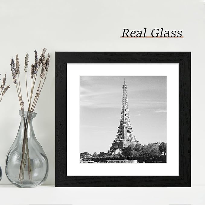 10x10 Picture Frame Set of 4 with HD Glass, Black Frames Display 8x8 Picture with Mat or 10 x 10 Without Mat, Photo Frames for Tabletop Display and Wall Mounting