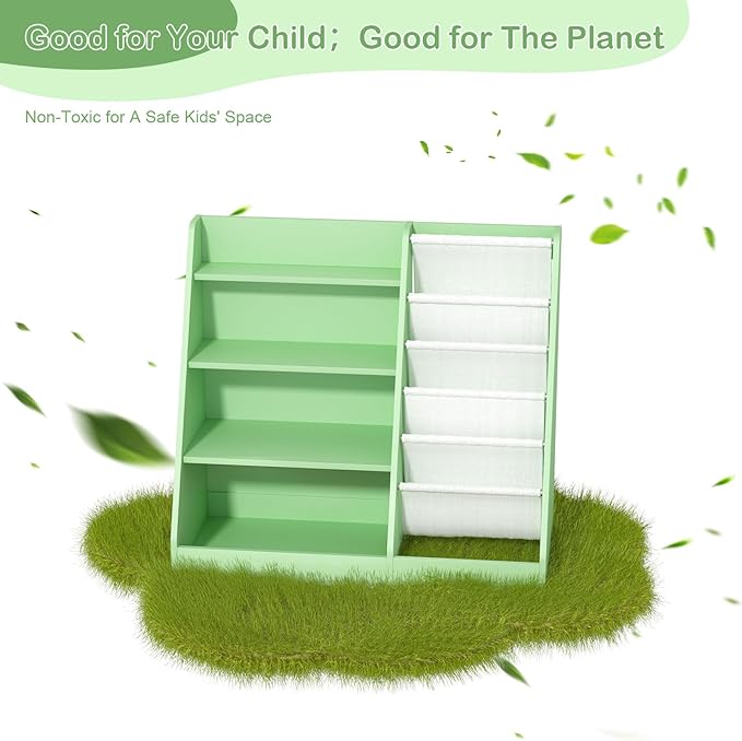 Kids Bookshelf Toddler Bookcase Children Book Rack Baby Toy Storage Organizer Child Book Display Shelf 4-Tier 5 Layer Sling Cabinet Chest Playroom Bedroom Classroom Library Green