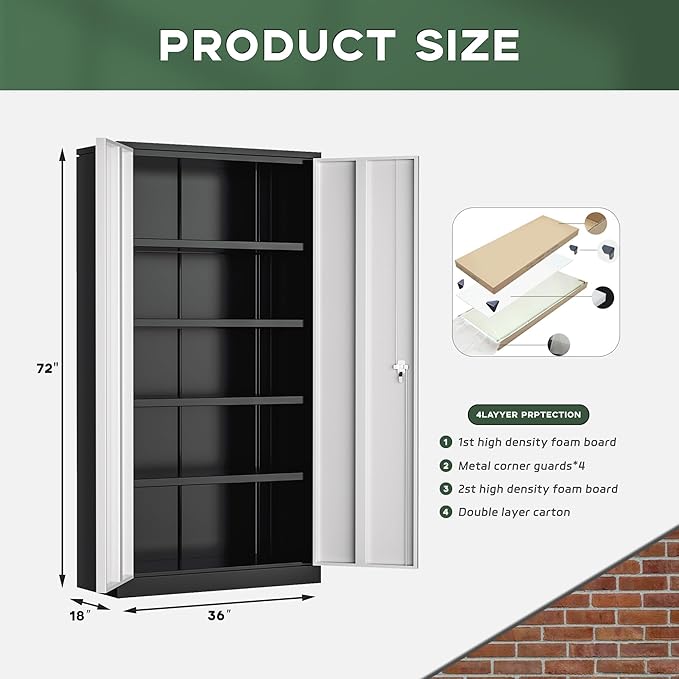 Greenvelly Metal Garage Storage Cabinet with Doors and Adjustable Shelves,72" Steel Lockable File Cabinet for Home Office,Garage,School(Black Grey,36" W x 18" D)