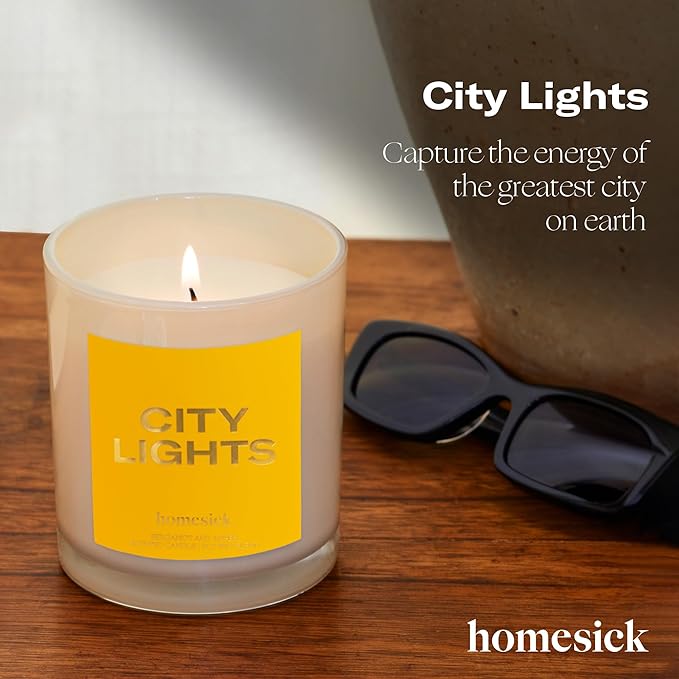 Homesick Scented Candles for Home (City Lights) - 7.5 oz Long-Lasting Natural Soy Wax Blend Jar Candle Gift for Women & Men for All Occasions, 30-35 Hours Burn Time - Notes of Amber & Bergamot