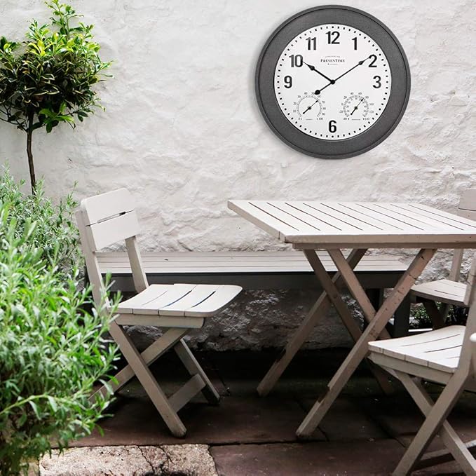 Presentime & Co. 20" Bradford Indoor/Outdoor Farmhouse Clock with Weather Station, Gray Stone Finish