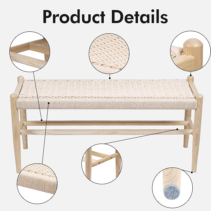 Solid Wood Entryway Bench with Shoe Storage, Rustic Oak Wood and Woven Design 31.5 Inch Long Seating for Living and Dining Rooms,Nature