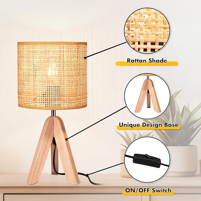 Hamilyeah Tripod Lamps for Night Stands Set of 2, Boho Bedside Lamps with Wicker Shade, Woven Table Lamps for Living Room with On/Off Switch, Wood Desk Lamps for Bedroom
