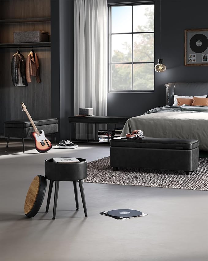 VASAGLE EKHO Collection - Storage Ottoman Bench, Entryway Bedroom Bench, 25 Gallons, Synthetic Leather with Stitching, Mid-Century Modern, Safety Hinges, Loads 660 lb, Ink Black ULOM075B01