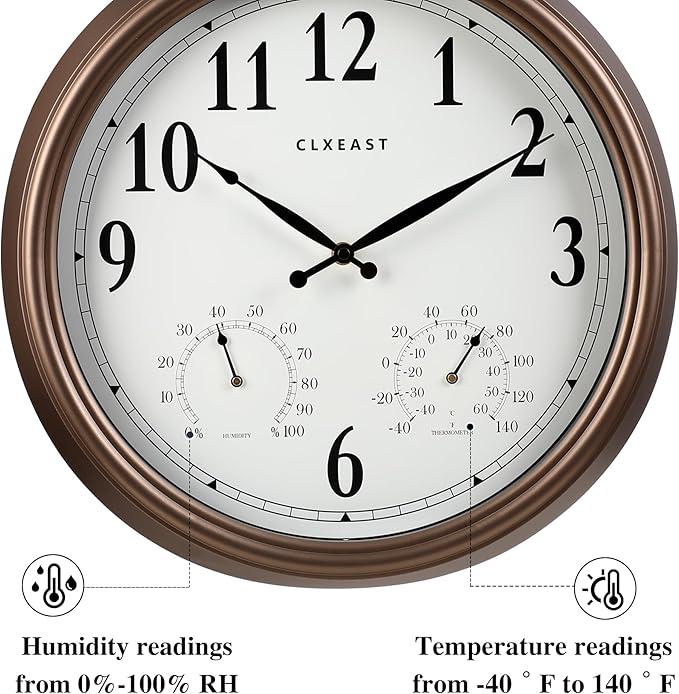 CLXEAST Indoor Outdoor Clocks Waterproof 16 Inch, Large Outdoor Clock Thermometer Combo& Hygrometer,Bronze/Dark Brown Finish,House Warming Gifts New Home