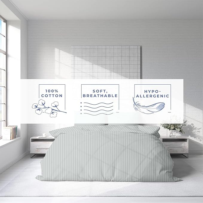 Kotton Culture 1 Pc Twin Size Duvet Cover Only -100% Egyptian Cotton Sateen 600 TC Ultra Soft Premium Durable Comforter Cover Zipper Closure & Corner Ties (Striped Silver, Twin/Twin XL 68" X 90")