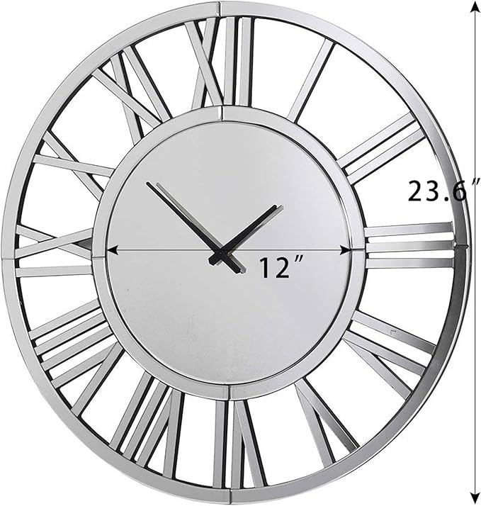 24" Large Wall Clock Decorative, Acrylic Mirrored Clock for Living Room Decor, Battery Operated Big Silver Modern Wall Clocks