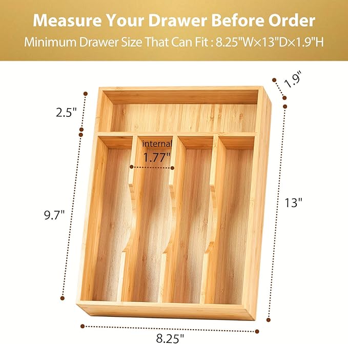 Umilife Bamboo Kitchen Drawer Organizer, 8.25 Inch Silverware Utensils Tray Holder for Small Drawer, Wood Caddy for Flatware Cutlery Knives